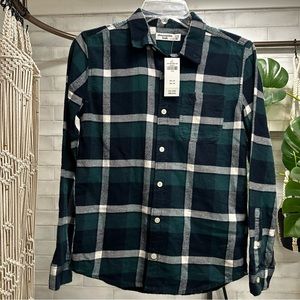 NEW Abercrombie Kids Teal Navy White Flannel Button Up Down Shirt Unisex 11/12